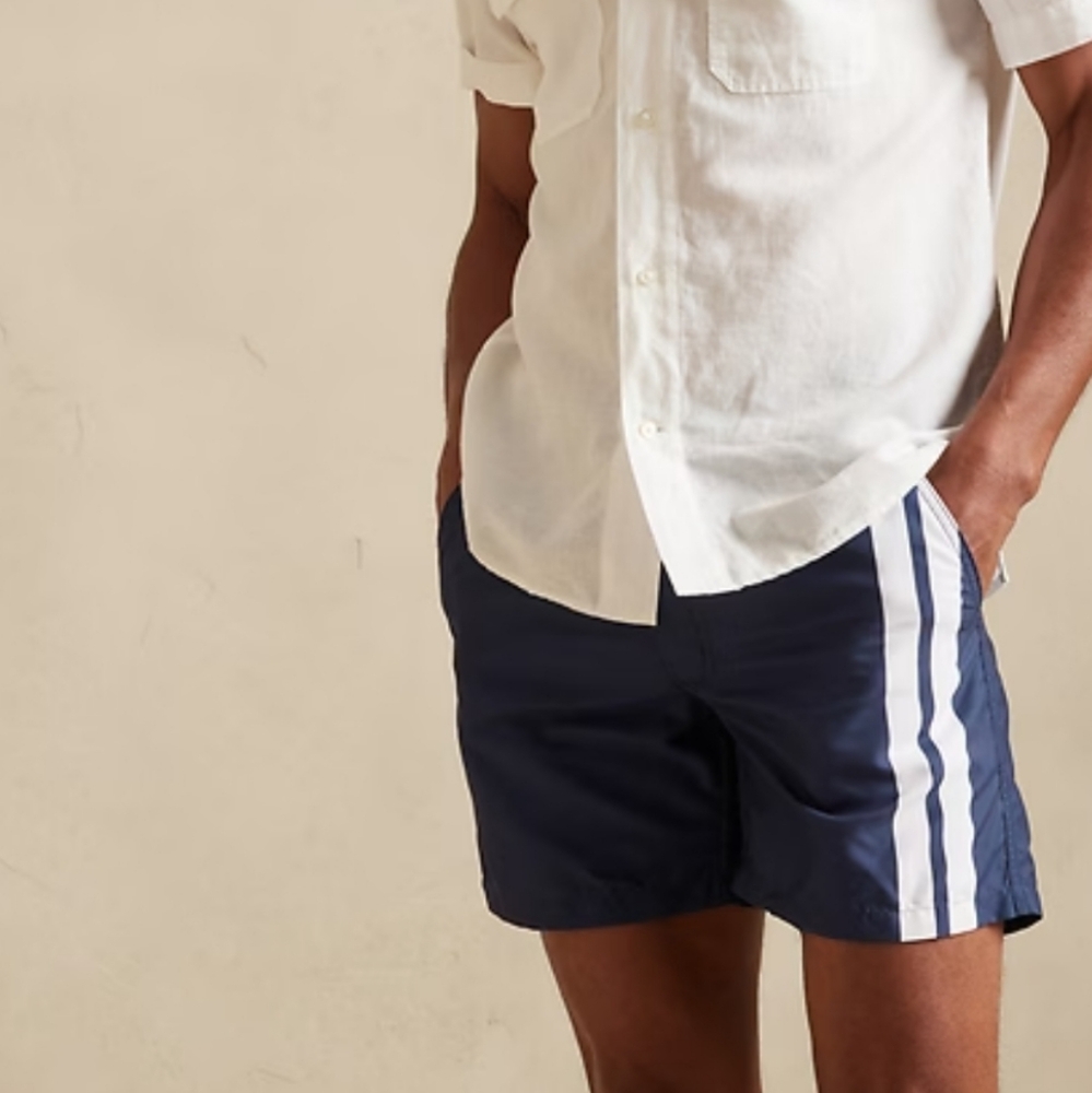 Retromarine 6" Swim Trunk Navy With White Stripe  Size Large